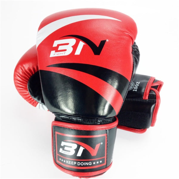 Adult Boxing Gloves in red and black with logo, ideal for fitness and martial arts activities.